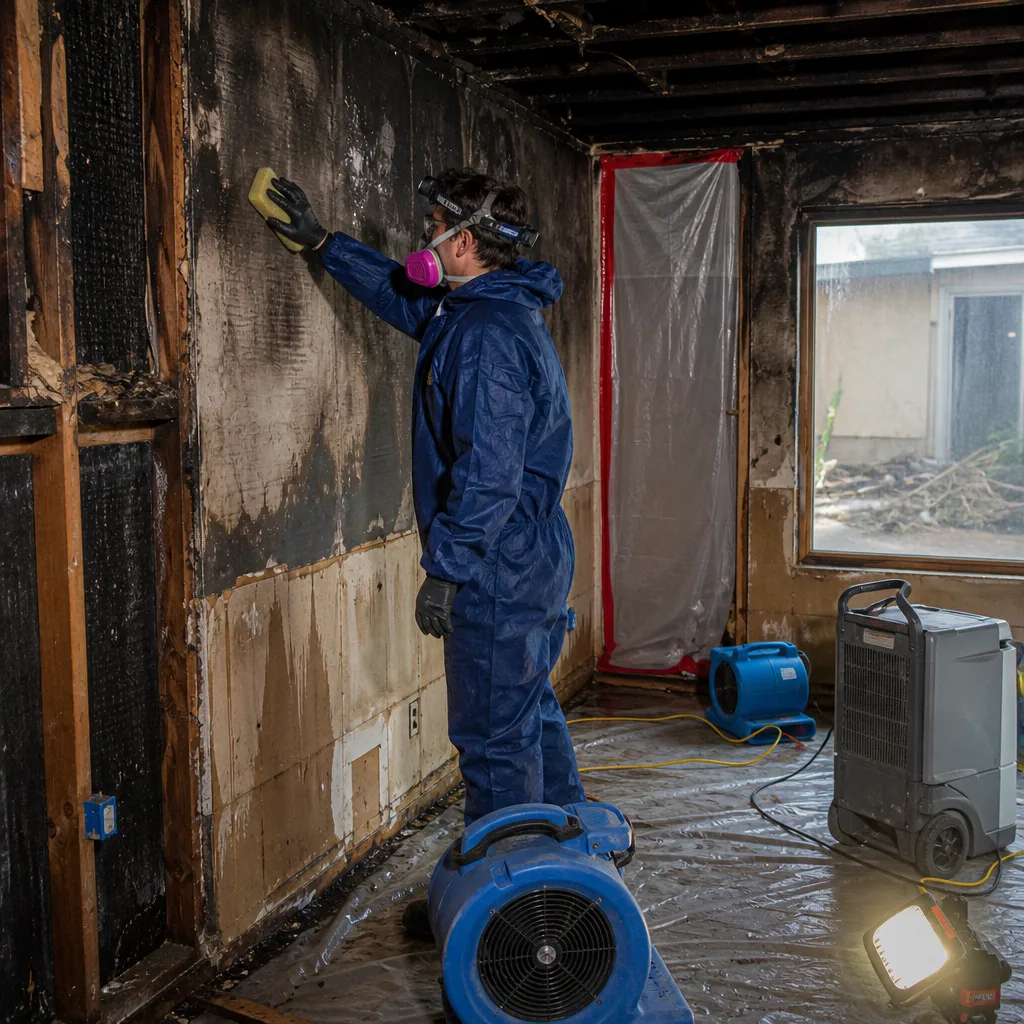 Technician in blue protective suit performing fire and smoke damage restoration.