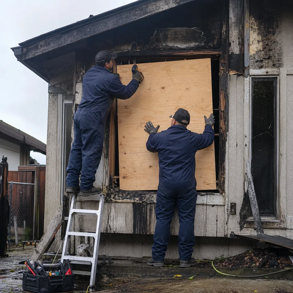 Professional crew boarding up window after fire damage restoration