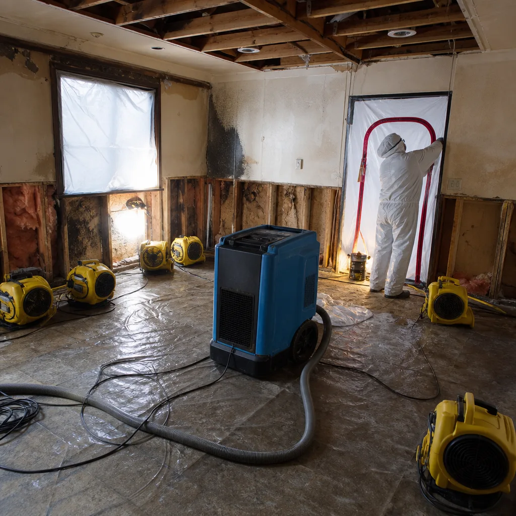 Water damage restoration professional using dehumidifiers and air movers in home.