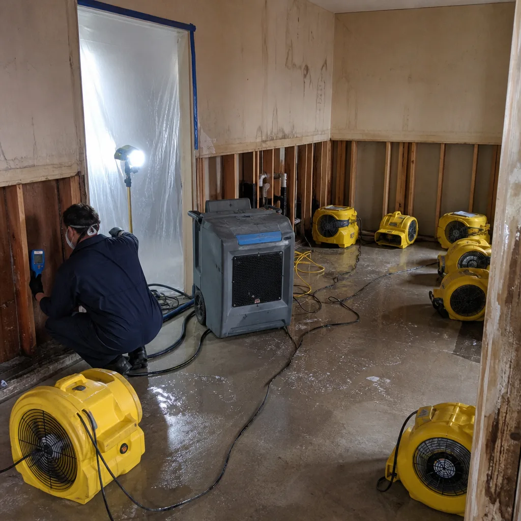 Technician using moisture meter during professional water damage restoration process