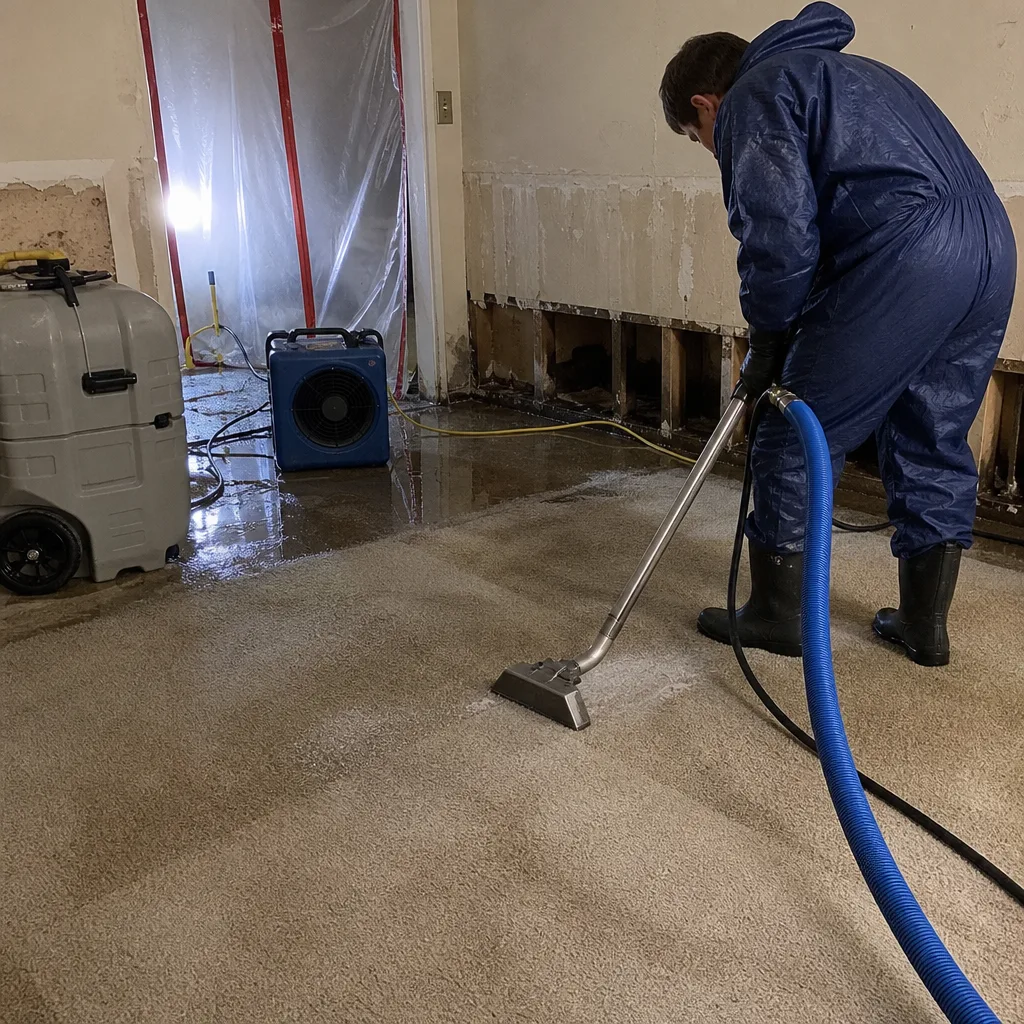 Technician performing professional water damage restoration on residential carpet